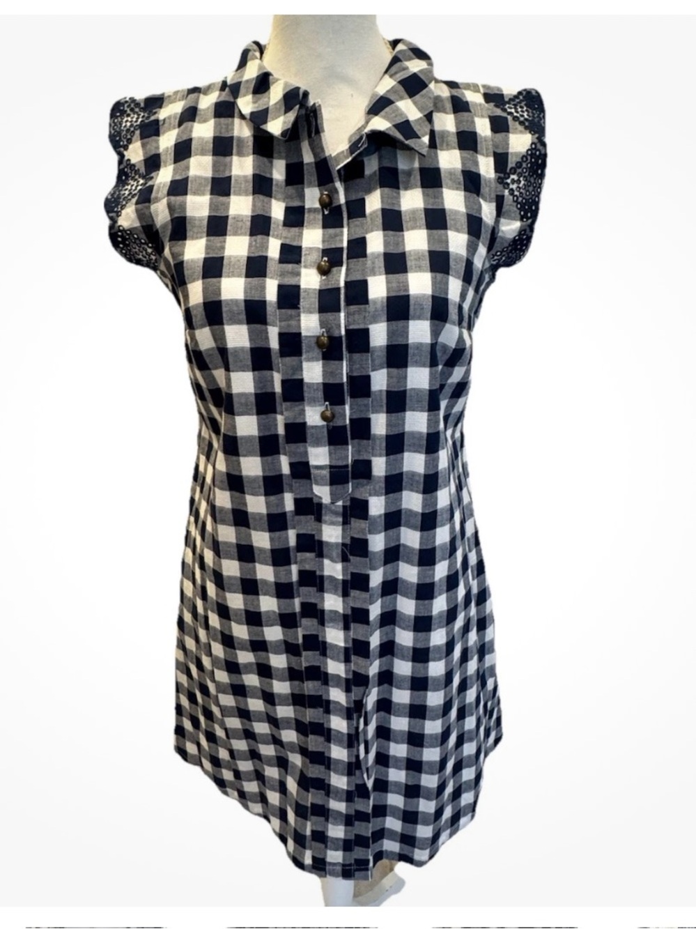 Dear Creatures Anthropologie Plaid Gingham Blue Button Down Dress Pockets Small